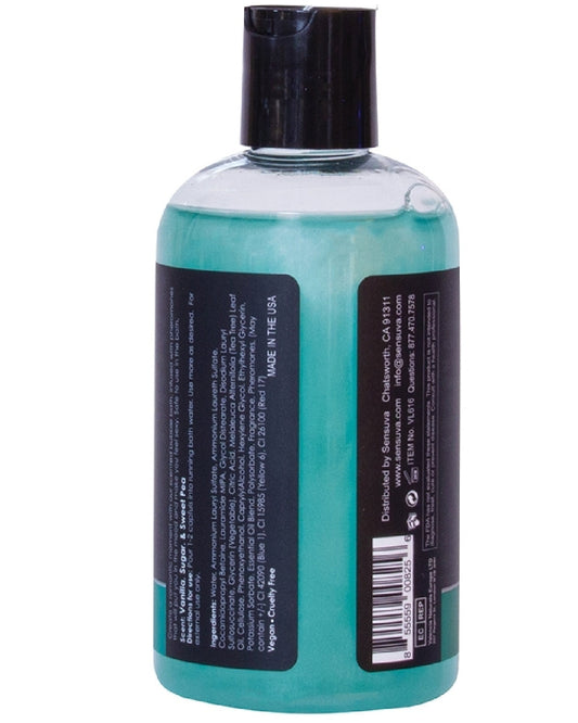 Big Flirt Pheromone Infused Bubble Bath 8 oz - Sweet Temptation back of product bottle with teal liquid