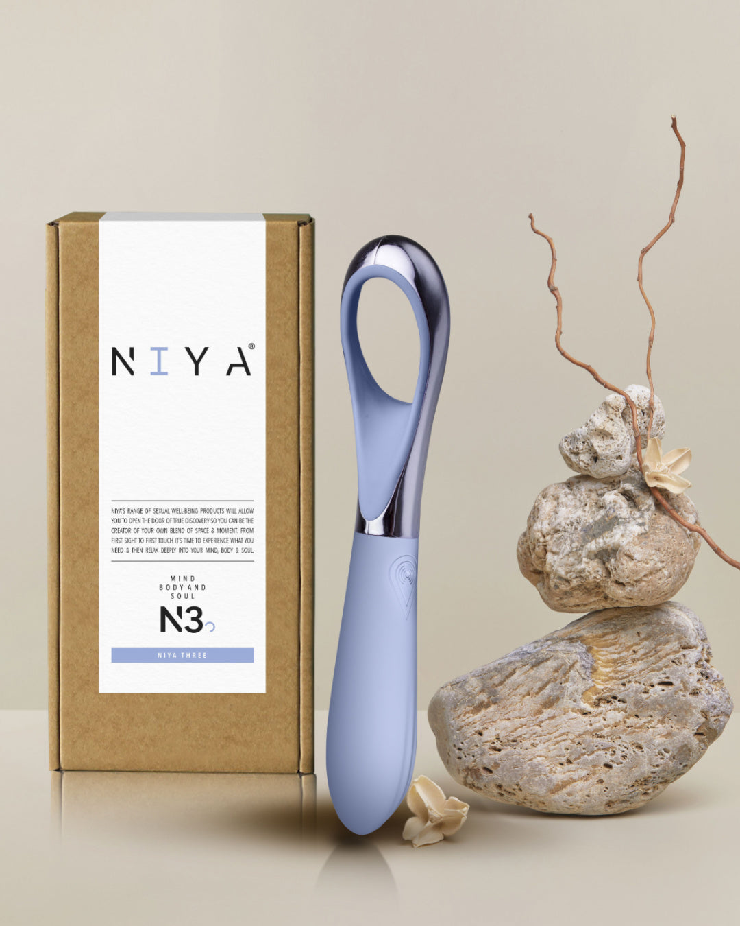 n3 Vibe next to rock and box
