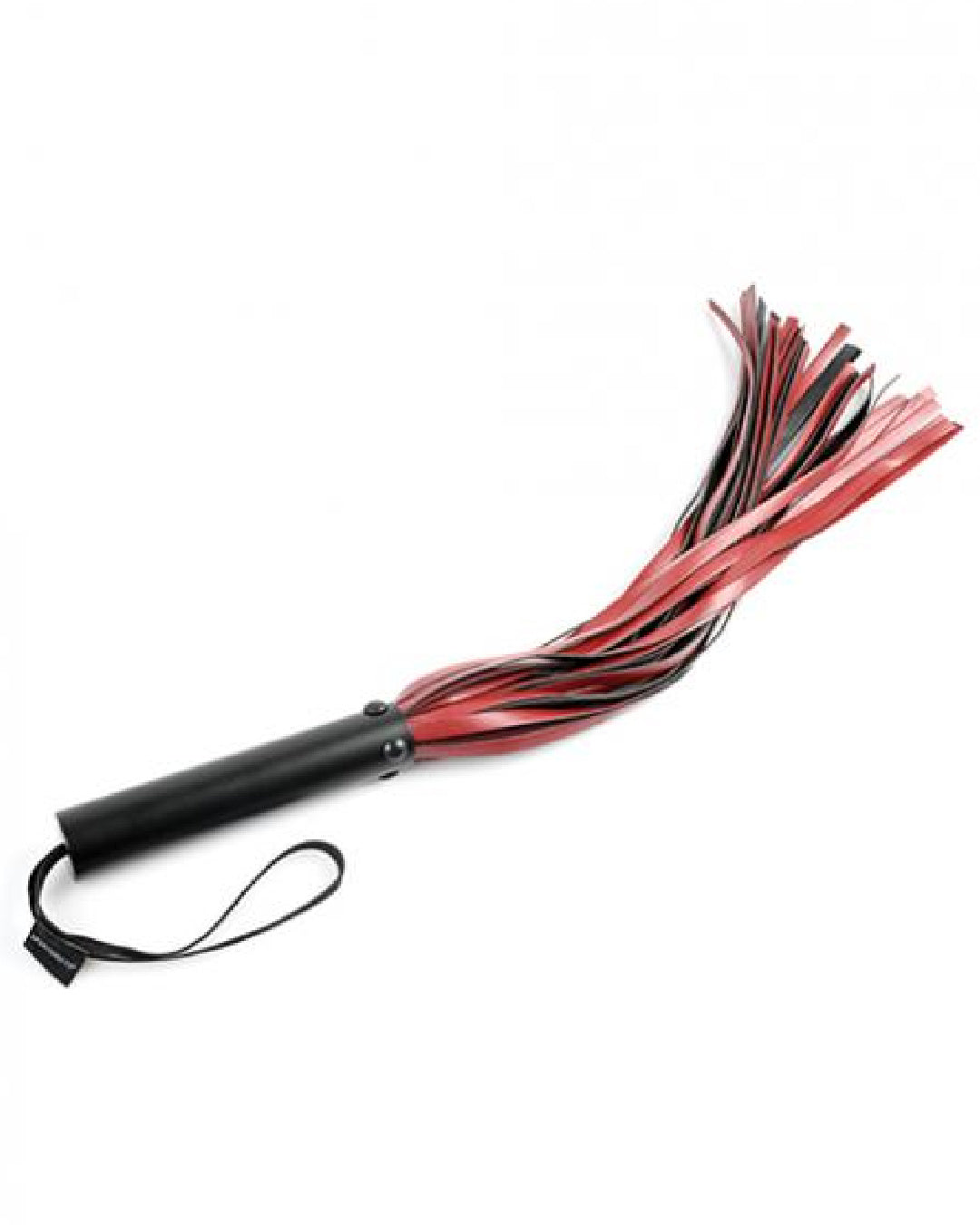 Saffron Flogger by Sportsheets black and red flogger on an angle on white background