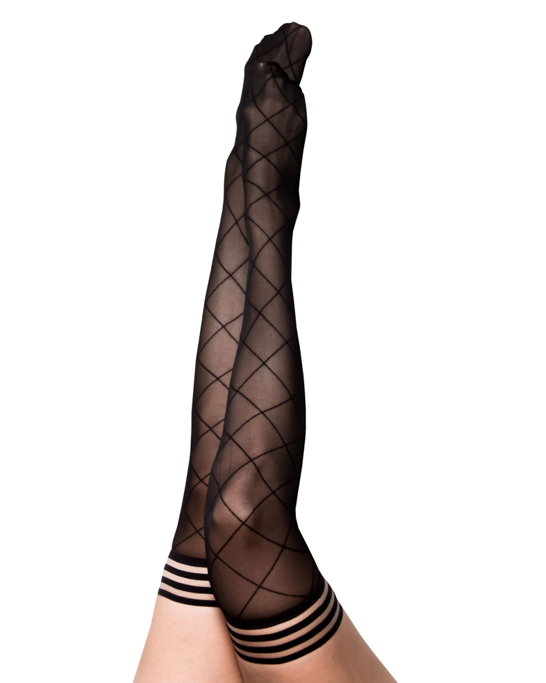 Kix'ies Anna Sheer Black with Large Diamonds Thigh Highs (sizes A-D)