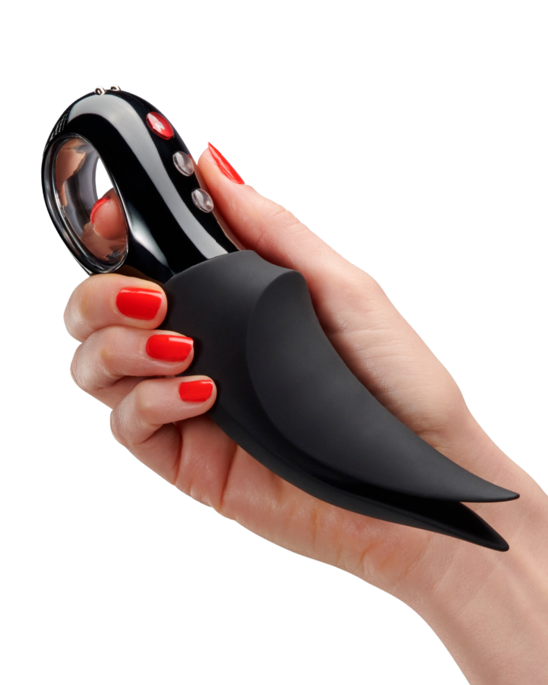Fun Factory Volta Black Line External Vibrator - Black held in a woman's hand to show the size