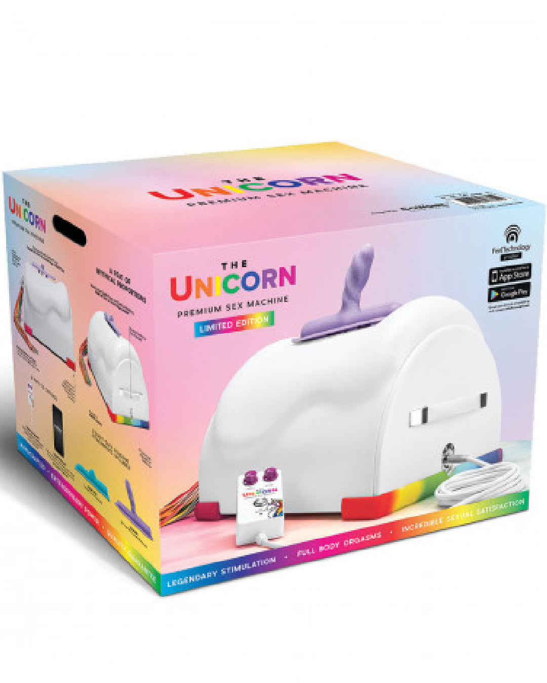 The Cowgirl Unicorn Premium Sex Machine box showing contents on white background