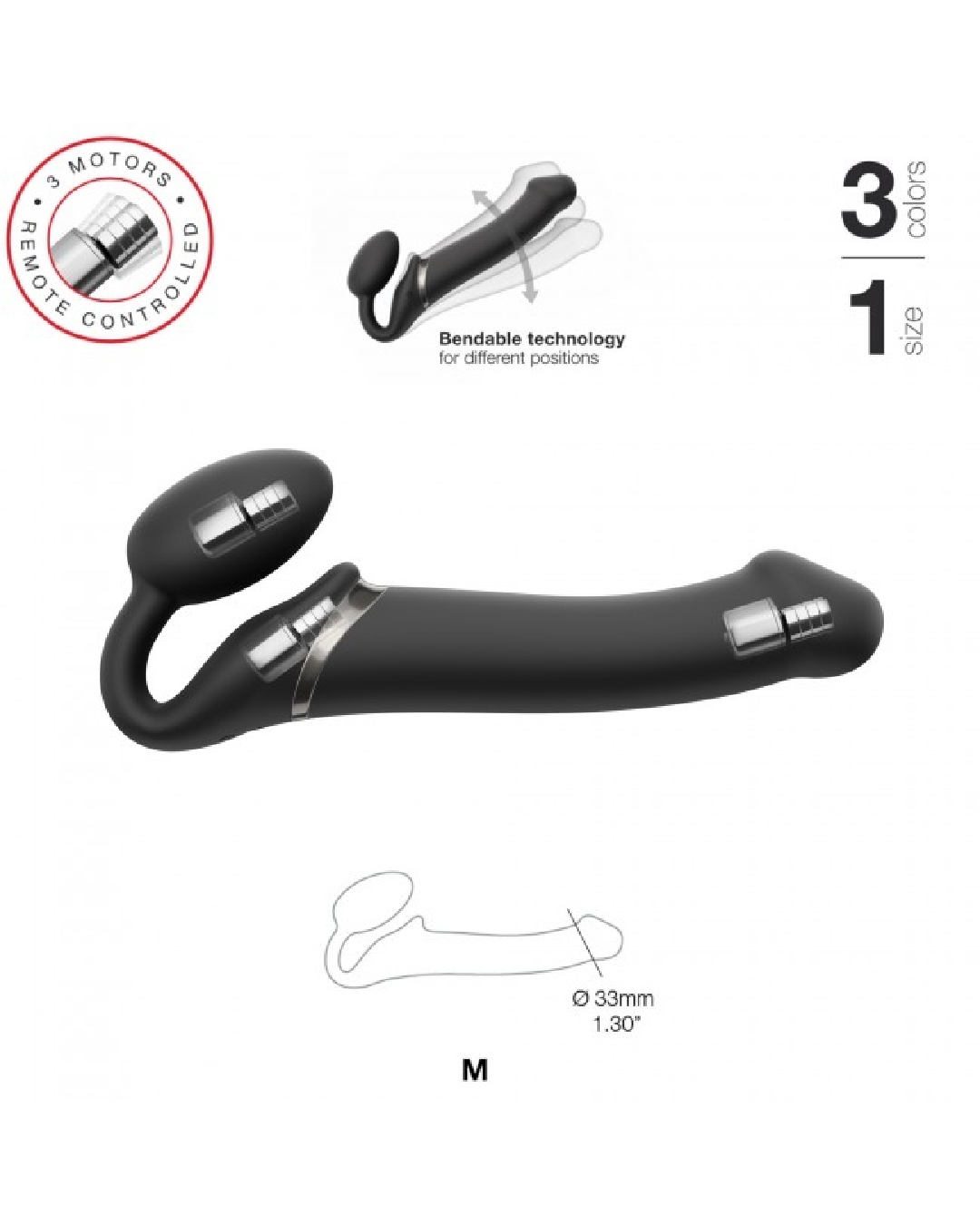 Lovely Planet Vibrating Strapless Strap On Black- Large graphic showing features of product