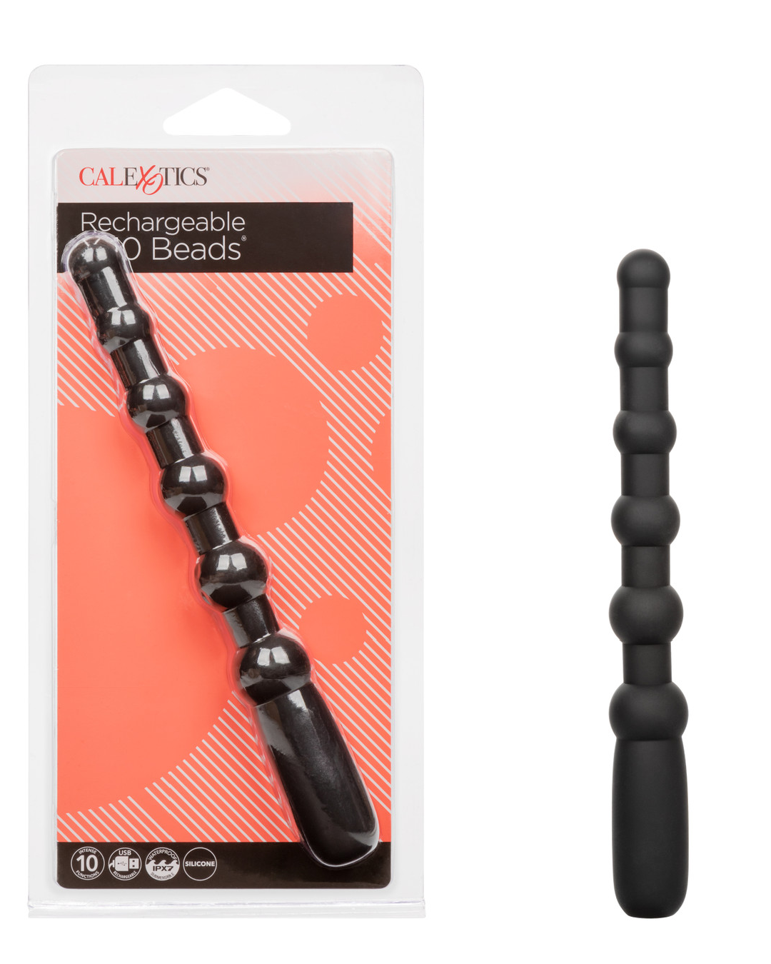 Rechargeable X-10 Powerful Black Silicone Vibrating Anal Beads next to package