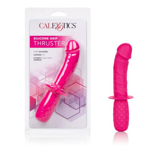 Silicone Grip Thruster 7.5" G-Spot Dildo by CalExotics - Pink next to the clamshell package