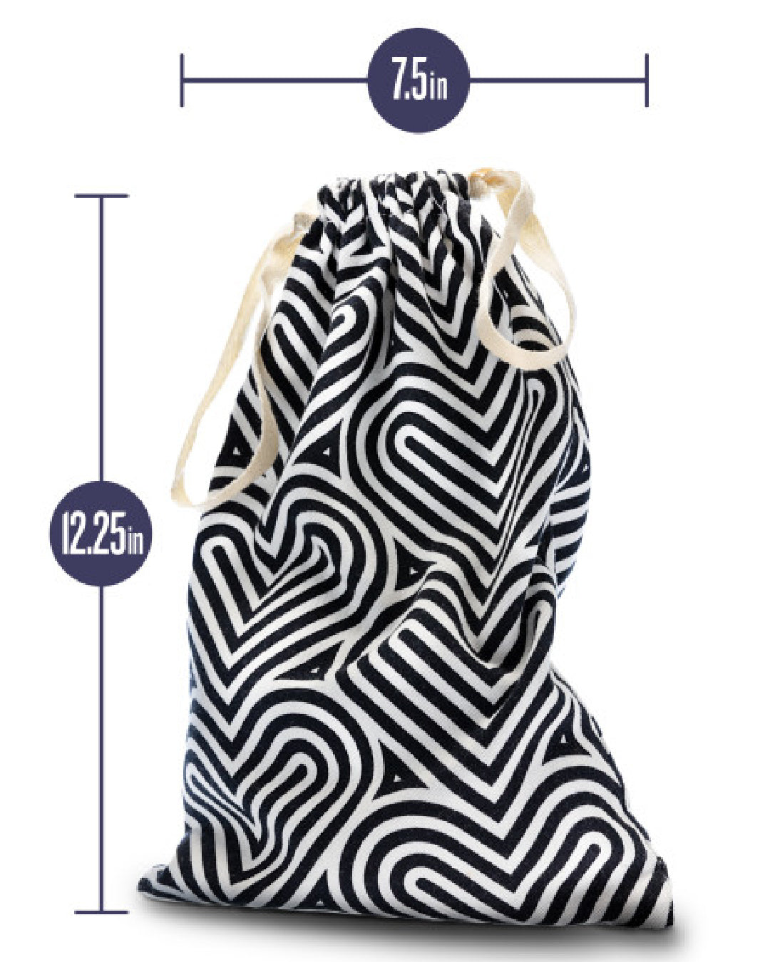 Blush Bomba Black & White Sex Toy Storage Bag graphic showing size