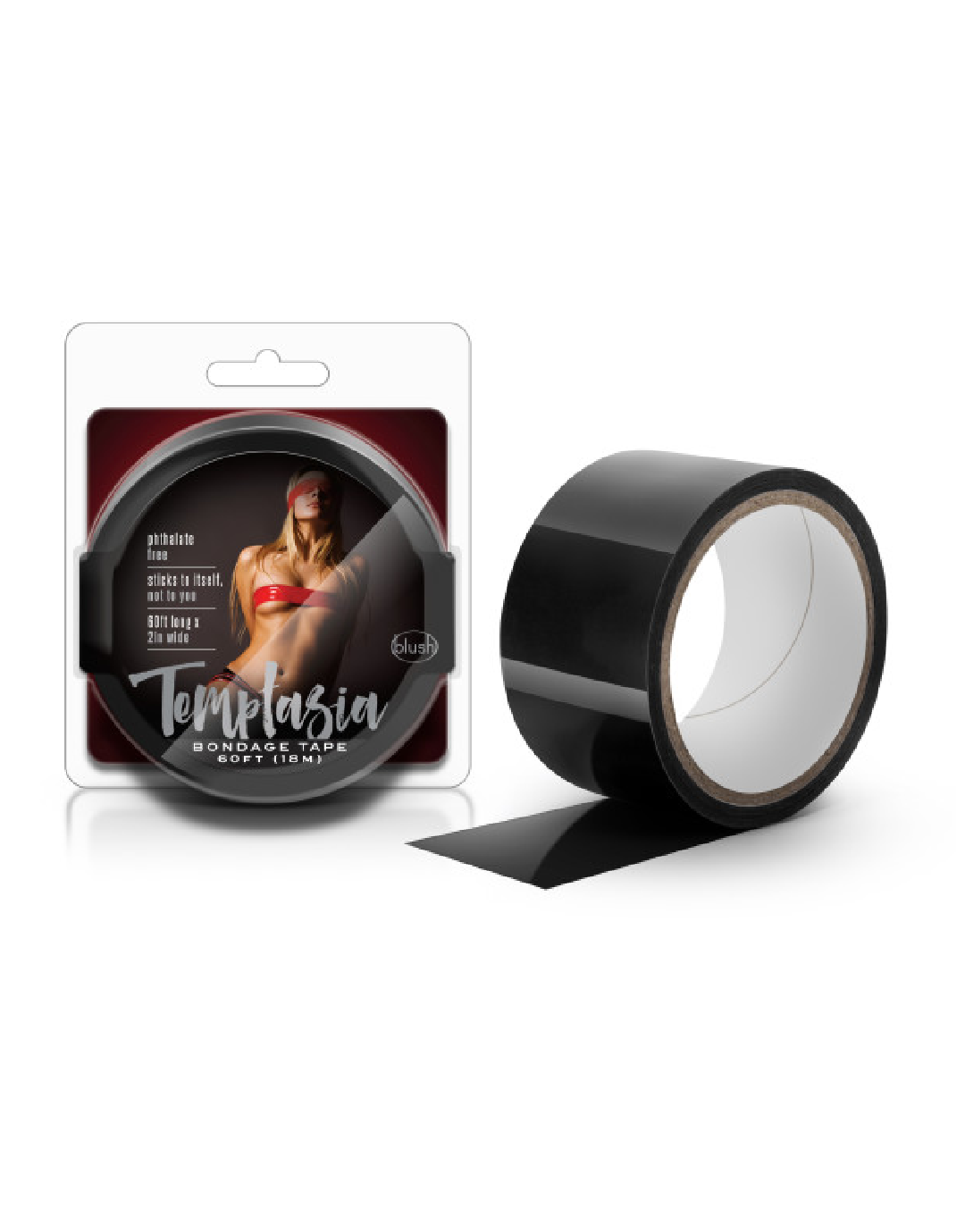 Temptasia Bondage Tape - Black next to package