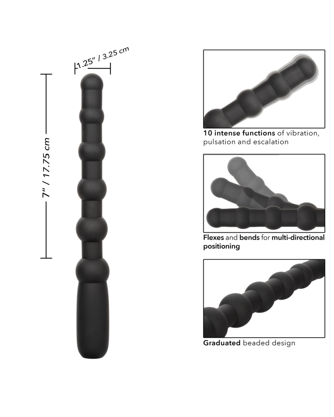 Rechargeable X-10 Powerful Black Silicone Vibrating Anal Beads showing features and dimensions