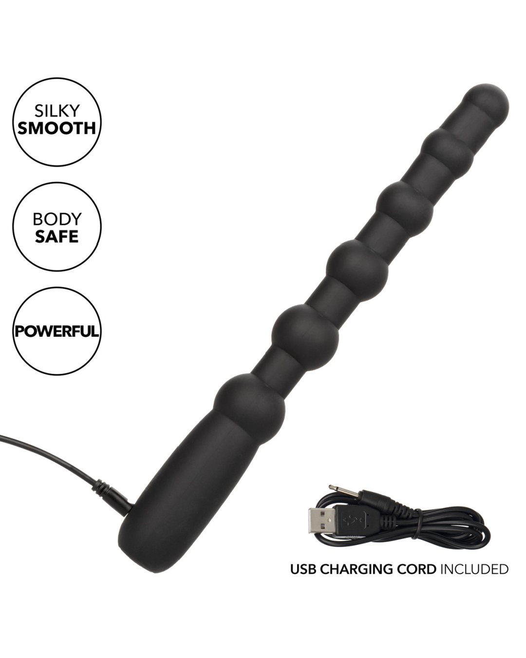 Rechargeable X-10 Powerful Black Silicone Vibrating Anal Beads on angle with features listed