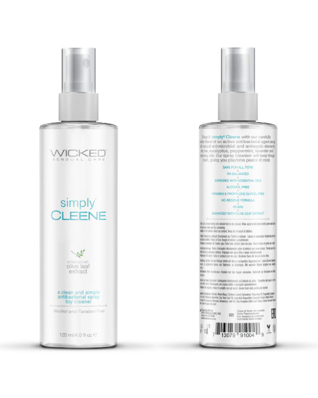 Wicked Simply Cleene Antibacterial Toy Cleaner 4 oz Spray front and back of bottle