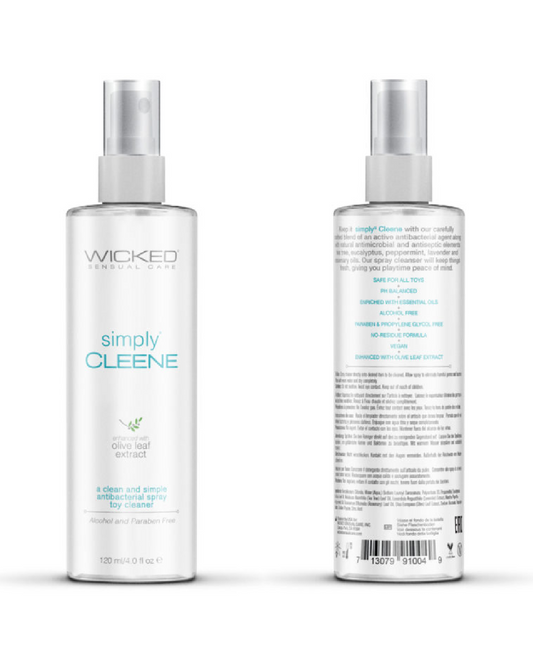 Wicked Simply Cleene Antibacterial Toy Cleaner 4 oz Spray front and back of bottle