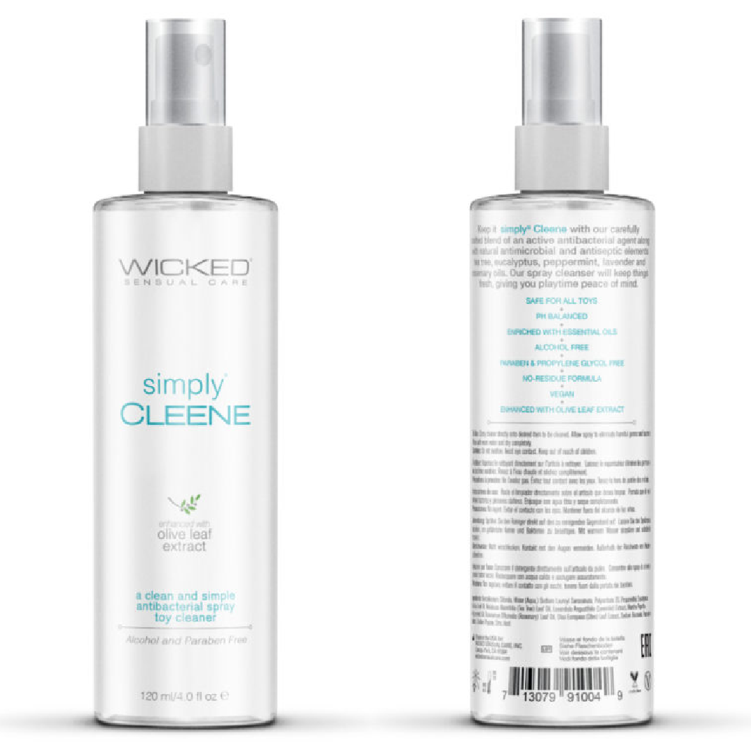 Wicked Simply Cleene Antibacterial Toy Cleaner 4 oz Spray front and back of bottle