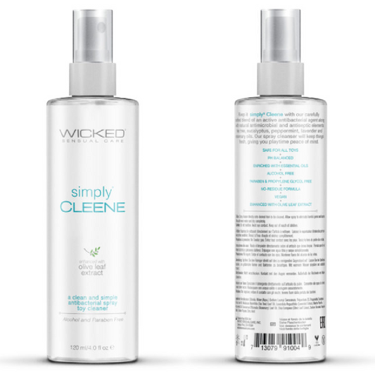 Wicked Simply Cleene Antibacterial Toy Cleaner 4 oz Spray front and back of bottle