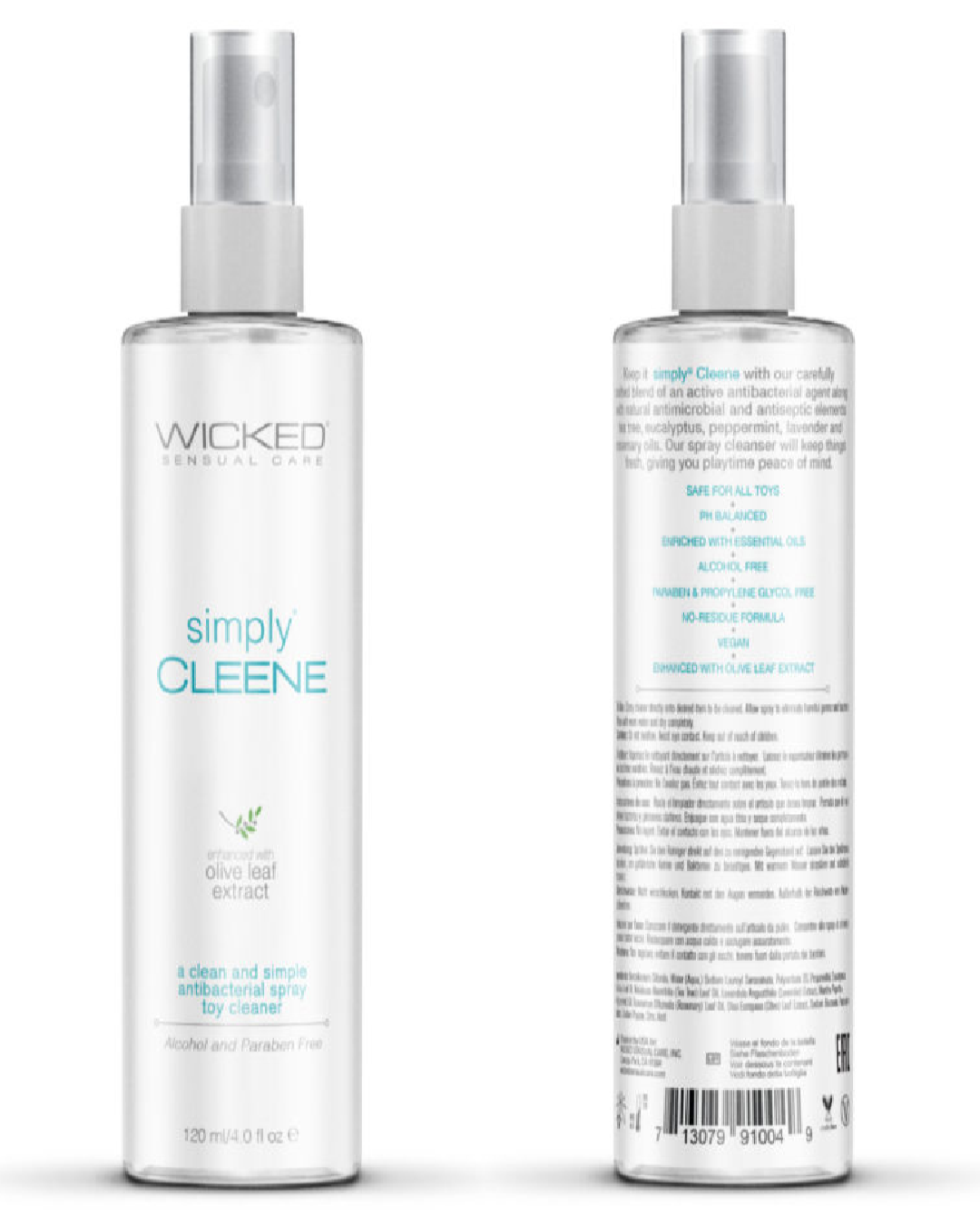 Wicked Simply Cleene Antibacterial Toy Cleaner 4 oz Spray front and back of bottle