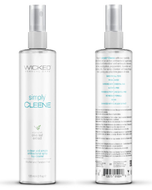 Wicked Simply Cleene Antibacterial Toy Cleaner 4 oz Spray front and back of bottle