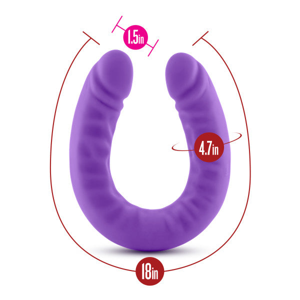 Ruse 18 inch Silicone Slim Double Dildo by Blush Novelties - Purple against a white background with arrows and circles indicating size