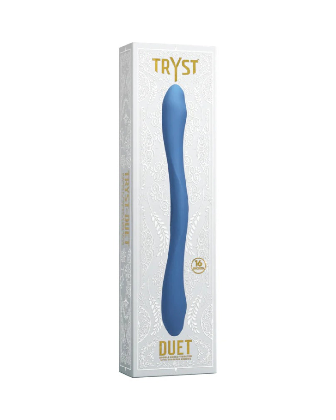 Tryst Duet Double Ended Vibrator with Remote - Packaging, white box gold lettering at the top says TRYST and product image displayed below