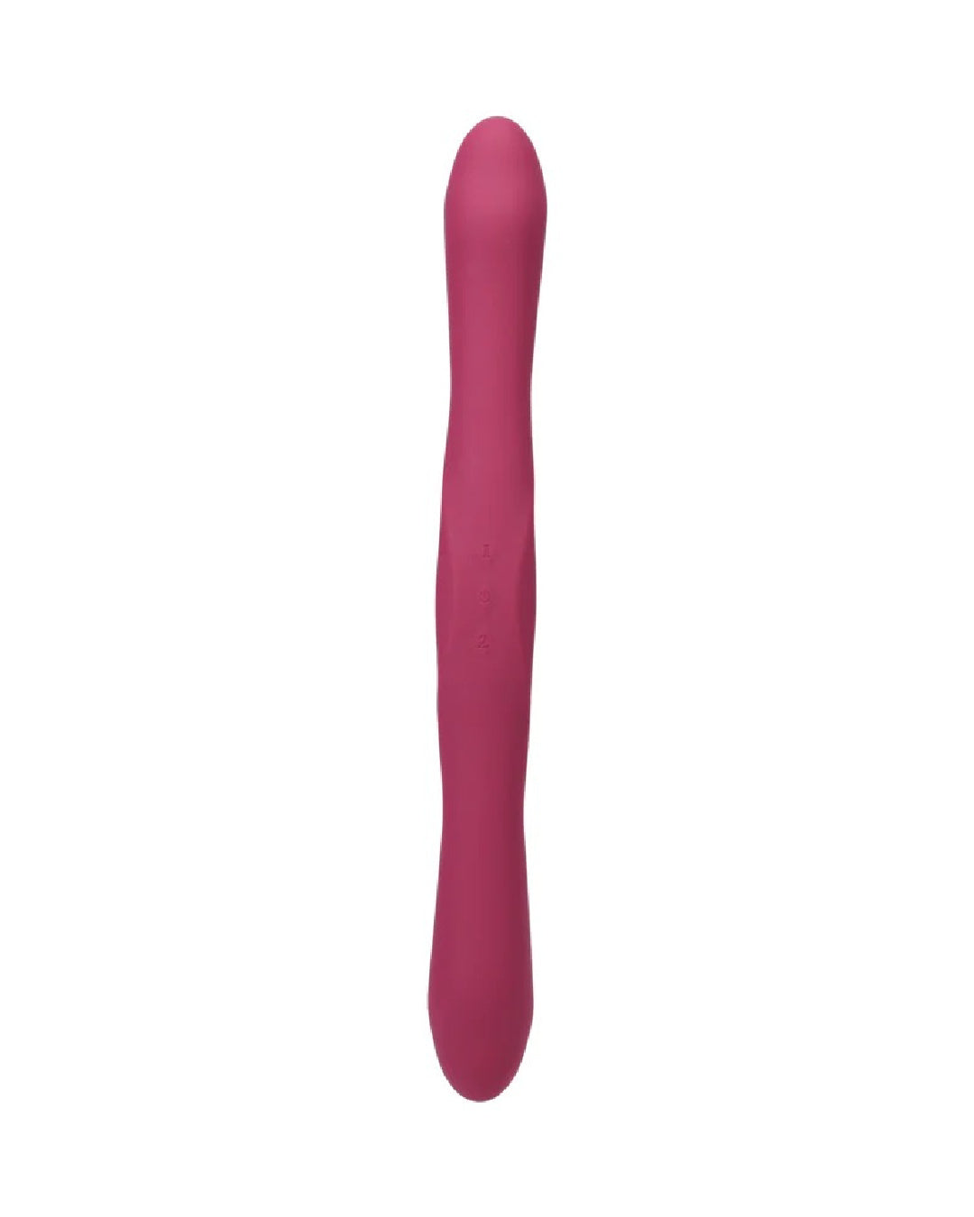 Tryst Duet Double Ended Vibrator with Remote - Vibrator facing forward showcasing its varying widths from top to bottom - top is a little wider then tapers downwards, getting wider towards the middle, then tapering a little, getting wider again towards the other end