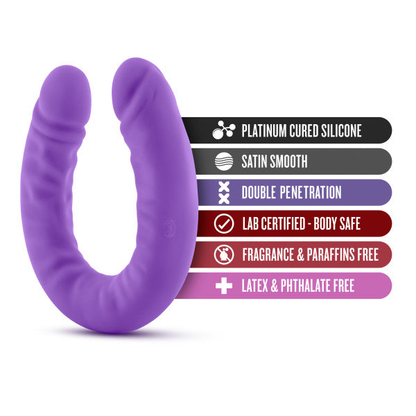 Ruse 18 inch Silicone Slim Double Dildo by Blush Novelties - Purple features against a white background in the U shape with tabs listing the dildo's features