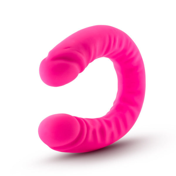 Ruse 18 inch Silicone Slim Double Dildo by Blush Novelties - Hot Pink sideways in a C shape with close ups of the 2 tips