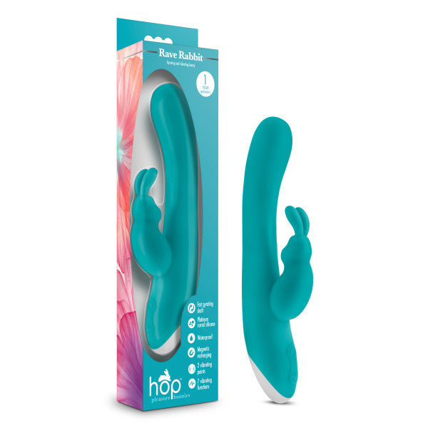 Hop Rave Rechargeable Silicone Rabbit Vibrator by Blush Novelties - Aquamarine Blue box