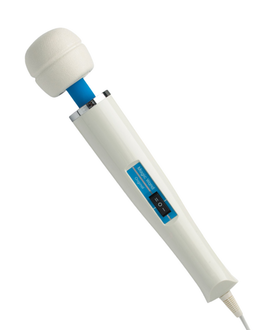 Magic Wand Original Vibrator against a white background with a view of the control buttons