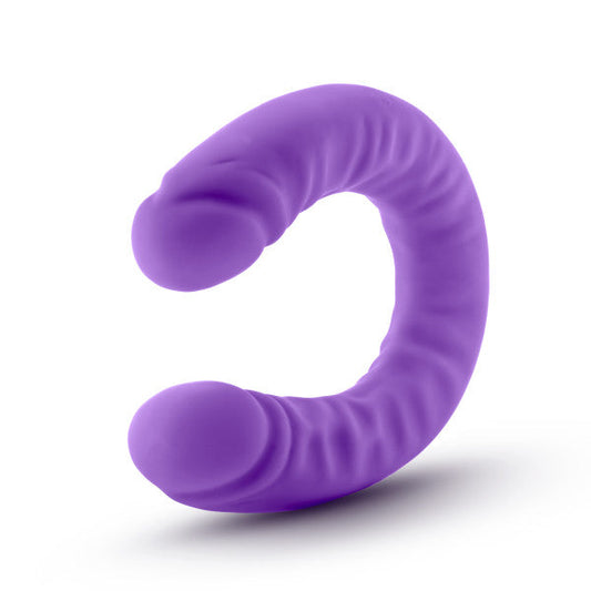 Ruse 18 inch Silicone Slim Double Dildo by Blush Novelties - Purple sideways in a C shape with close ups of the 2 tips
