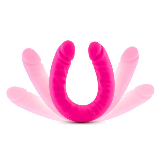 Ruse 18 inch Silicone Slim Double Dildo by Blush Novelties - Hot Pink against a white background illustrating using shadows the range of the dildo's flexibility
