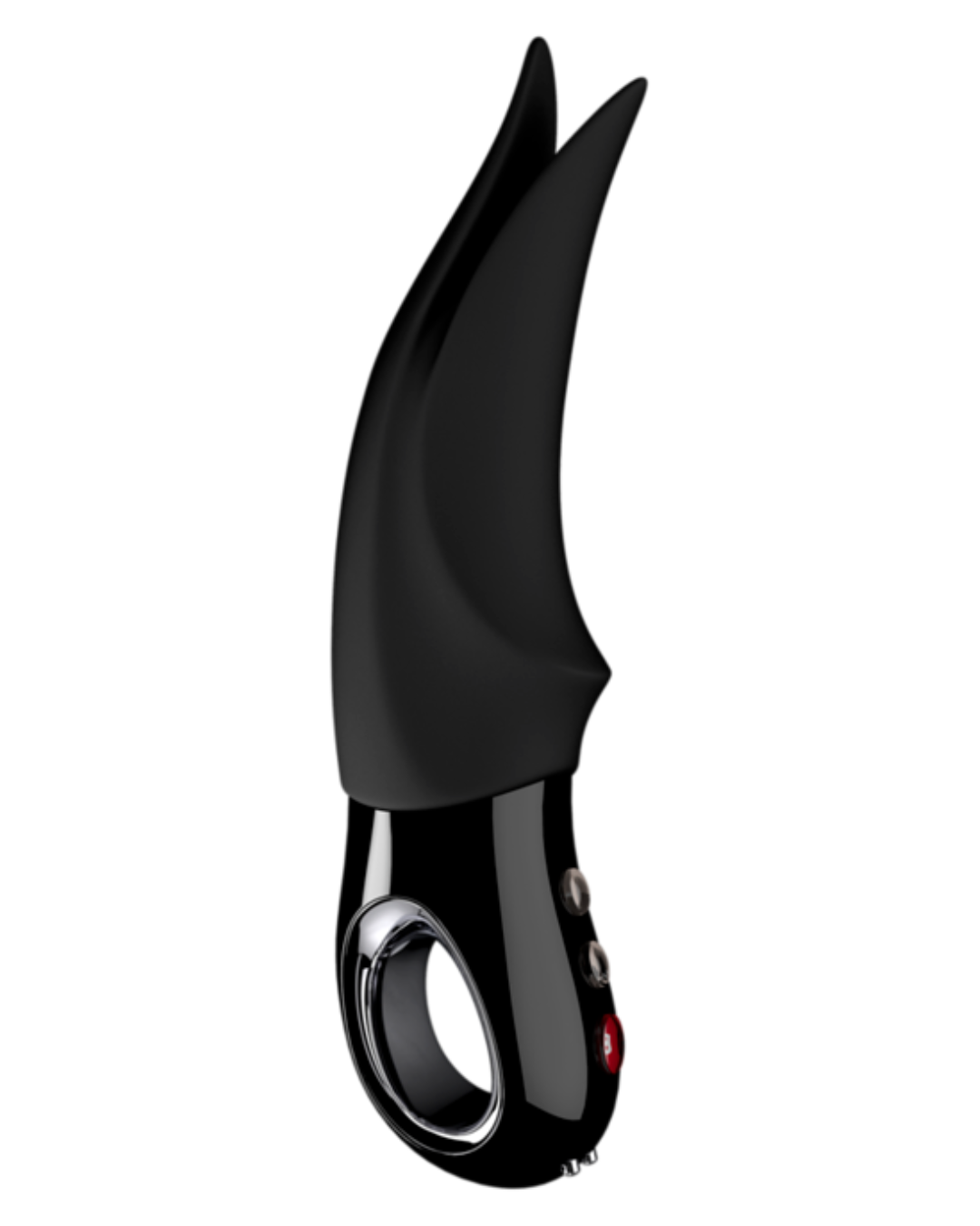 Fun Factory Volta Black Line Rechargeable External Vibrator - Black against a white background side view to show the tapered tips and finger loop