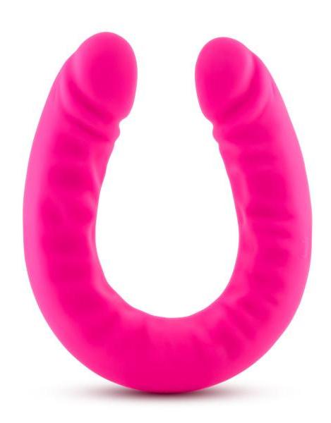 Ruse 18 inch Silicone Slim Double Dildo by Blush Novelties - Hot Pink against a white background showing the U shape and the textures on the shaft