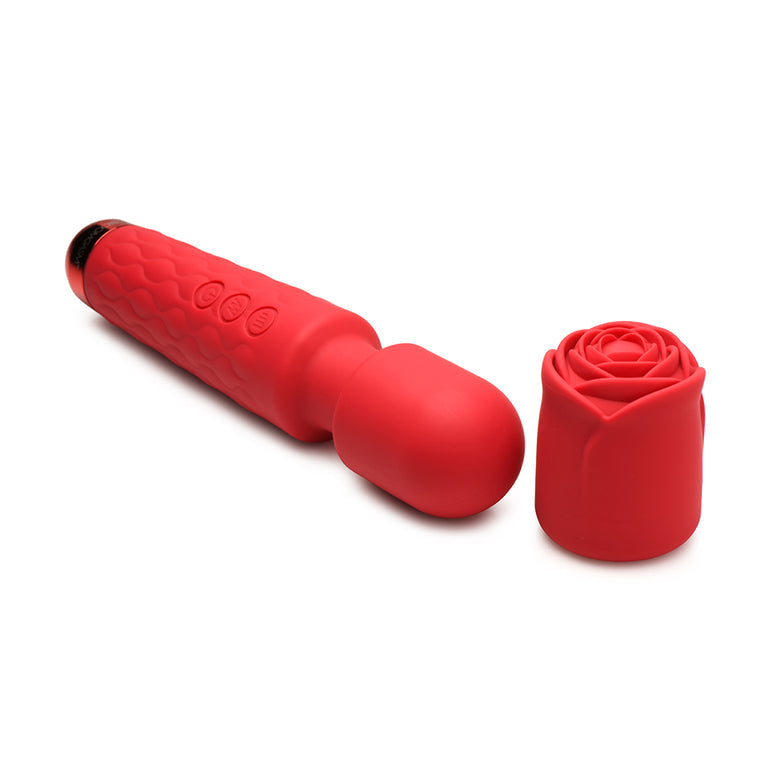 The Pleasure Rose Silicone Wand Vibrator with Rose Attachment features a red silicone massager, textured handle, control buttons, and a detachable rose-shaped cover. It’s waterproof and designed for versatile personal relaxation.