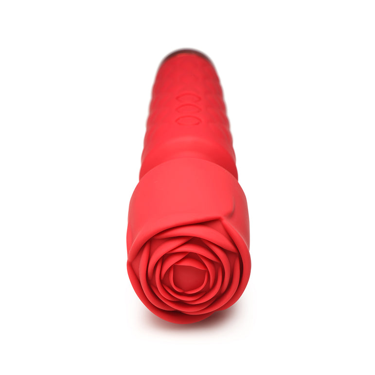 The Pleasure Rose Silicone Wand Vibrator with Rose Attachment is a red, waterproof massager featuring petal details and a textured shaft, photographed on a white background.