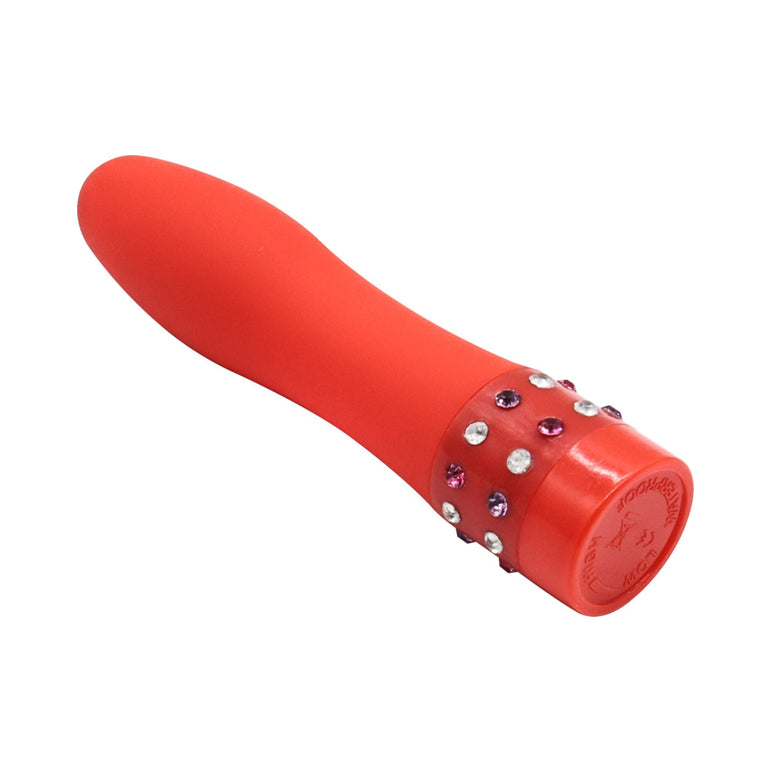The Sensual Scarlet Nights Beginner Bondage Collection for Curious Couples features a red personal massager with a smooth, curved design and sparkly rhinestone base—ideal for adding glamour to your sensual play or enhancing your favorite bedroom toys.