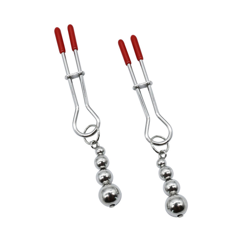 These two metal nipple clamps with red rubber tips and dangling silver balls are a bold addition to the Sensual Scarlet Nights Beginner Bondage Collection for Curious Couples. Shown against a white background.