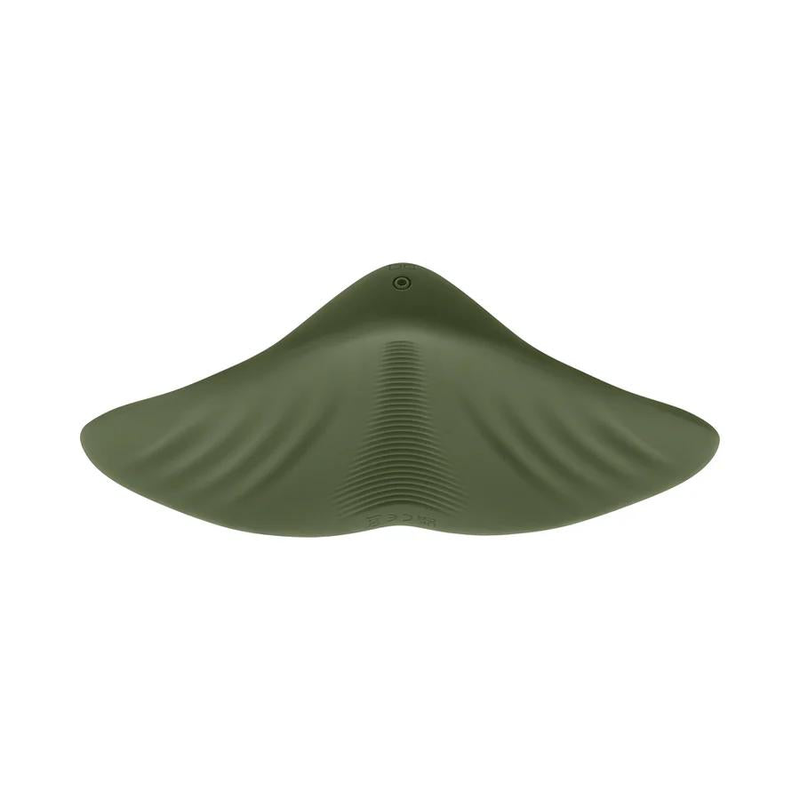 The olive green Gender X Pleasure Pad Rechargeable Grinding Pad & Stroker has a manta ray shape, smooth curved edges, subtle center ridges, and is crafted from flexible silicone, shown from above on a white background.