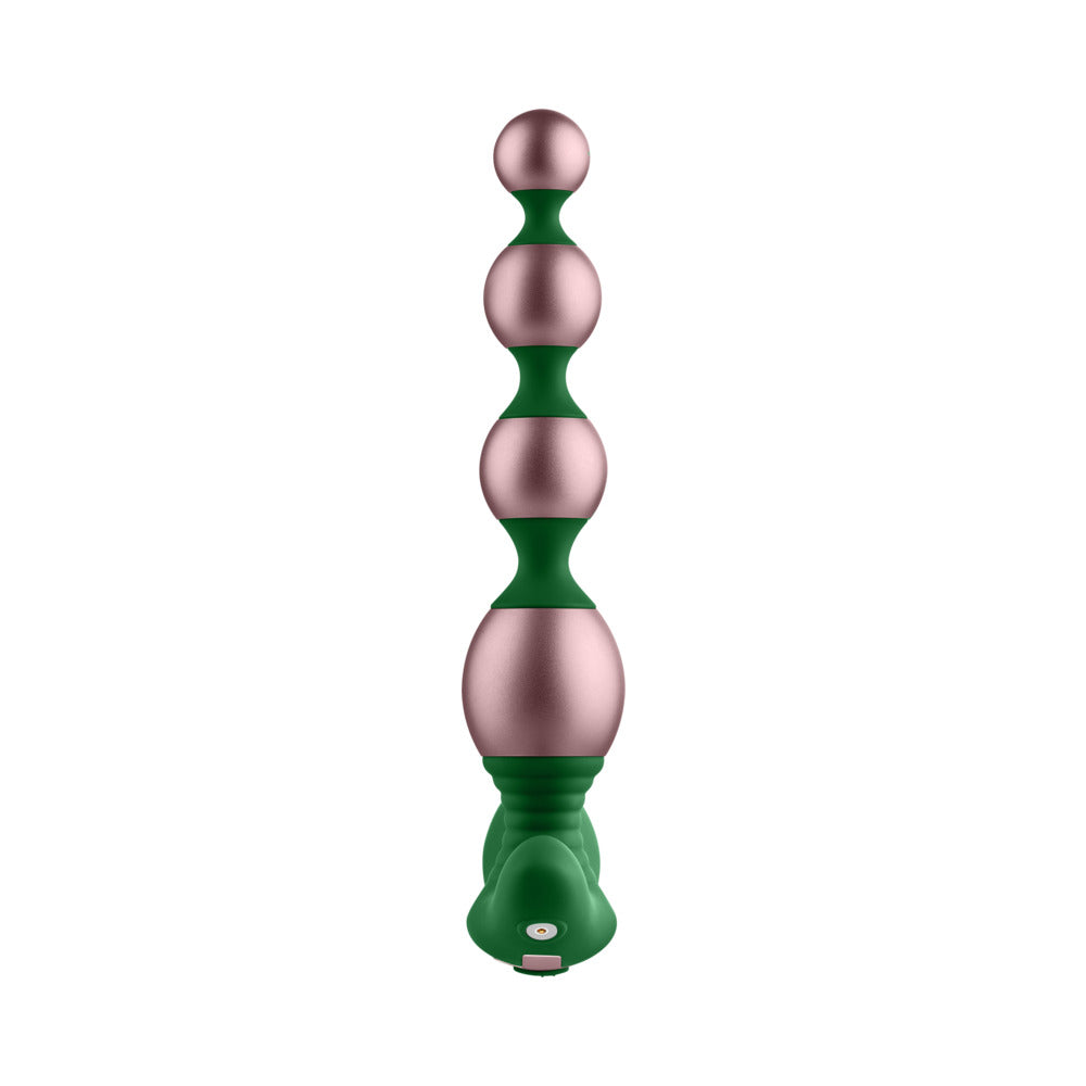 The Bougie Vibrating Aluminum Anal Beads set features four metallic pink and green anodized beads, each increasing in size, connected to a green handle with a button.