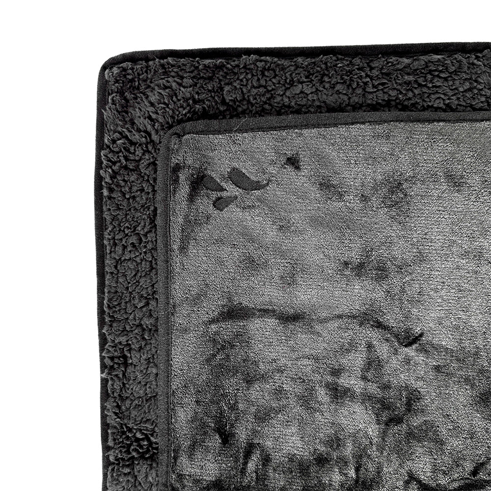 A close-up of the Splash Blanket The OG Waterproof Blanket - Large in soft dark gray fleece, featuring a plush textured border and smooth center, shown partially folded.
