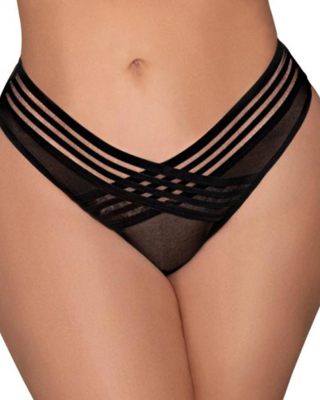 Dreamgirl Black Mesh Thong with Shadow Stripe Elastic Detail xl - 3x on model 