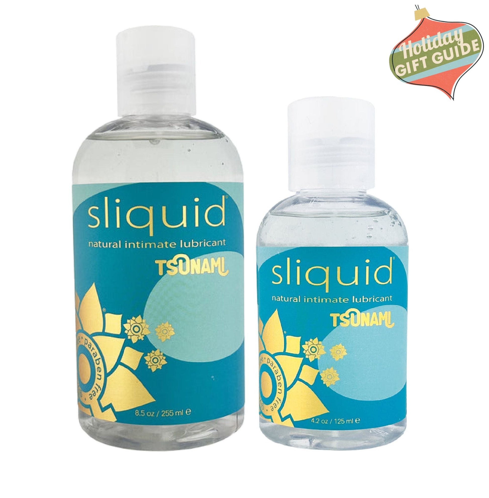 Two clear bottles of Sliquid Tsunami Ultra Thick Water Based Lubricant are displayed. The larger bottle is 8.5 oz (255 ml) and the smaller bottle is 4.2 oz (125 ml). Both bottles feature blue labels adorned with yellow floral designs and white text. This formula includes carrageenan for enhanced comfort.
