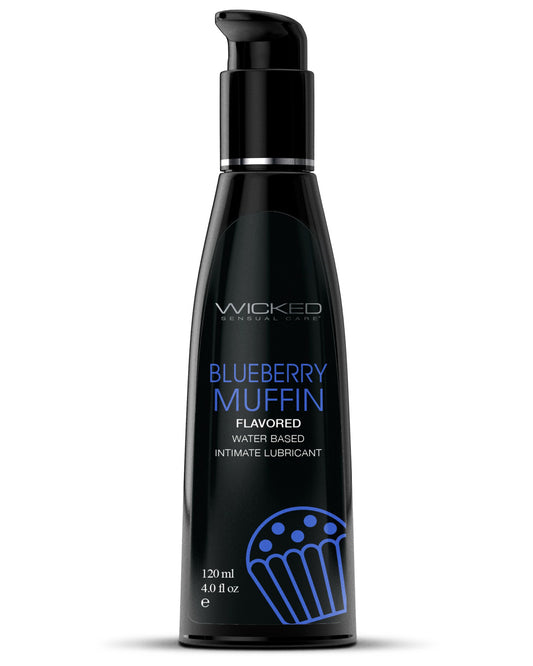 Black bottle of Wicked Aqua Blueberry Muffin Flavored Water Based Lubricant 4 oz