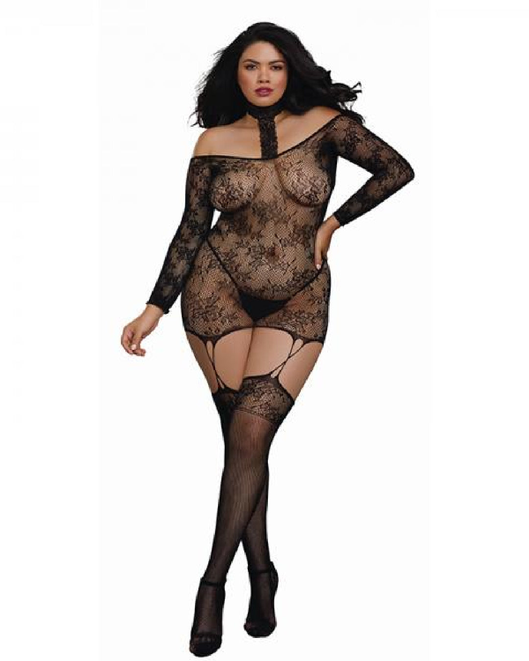 Dreamgirl Black Lace Garter Dress and Attached Stockings Queen One Size