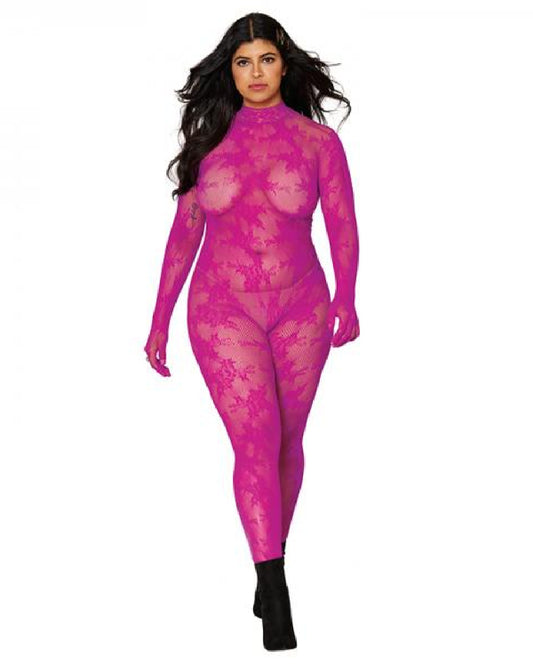 Dreamgirl Hot Pink Gloved Lace Bodystocking With Keyhole Back Queen One Size