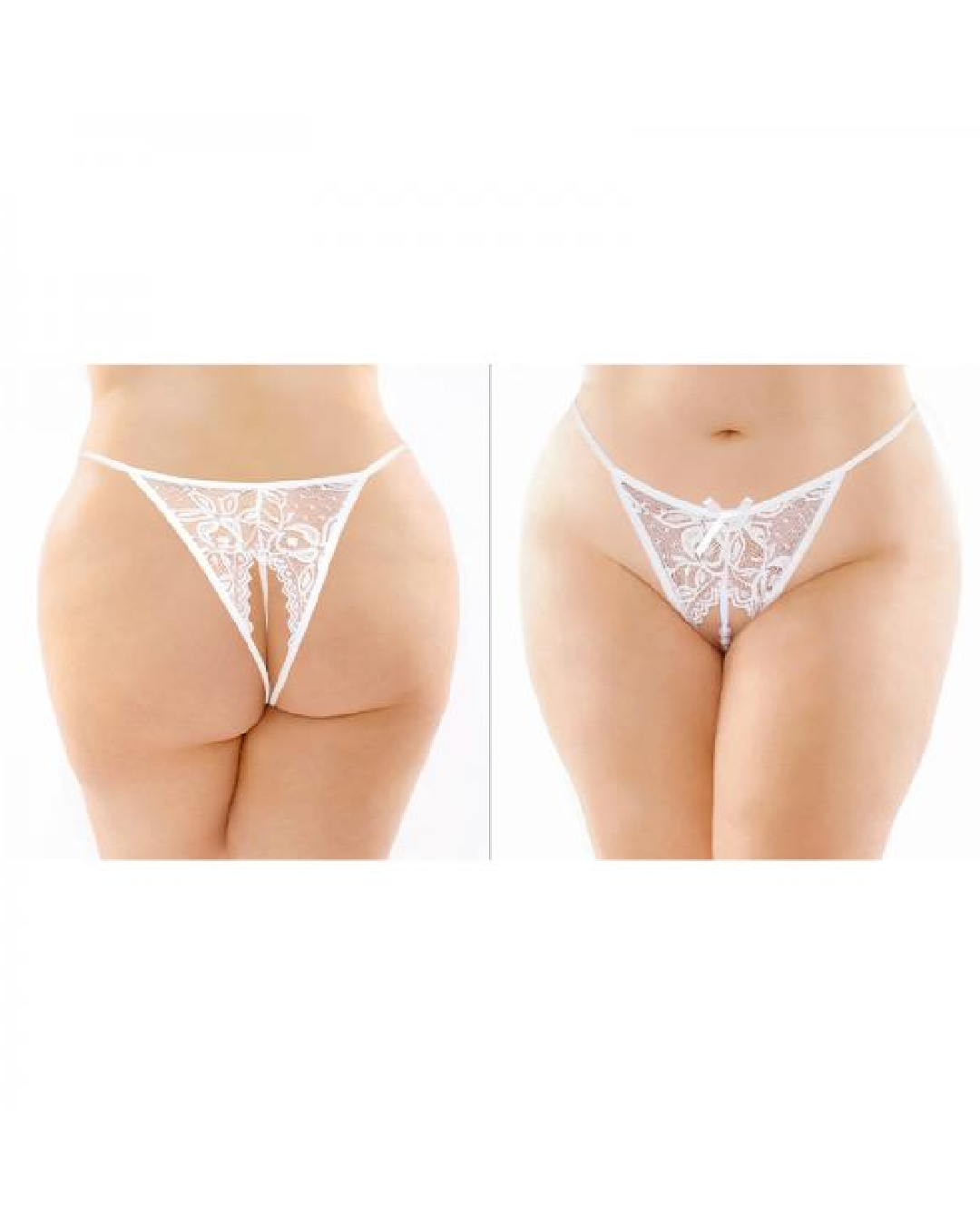 Calla Crotchless White Lace Pearl Panty - Queen Size front and back view 