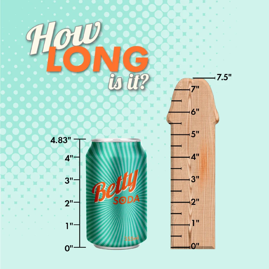 A 4.83-inch tall "Betty Soda" can sits beside the Chocolate Dipped Banana Split Silicone Dildo with Suction Cup, a ruler showing up to 7.5". The text asks, "How long is it?" and highlights its realistic G-spot stimulation design.
