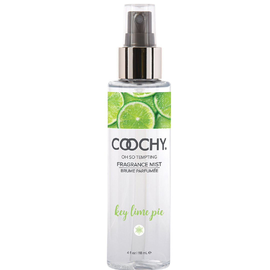 A clear bottle of Classic Brands Coochy Key Lime Pie Fragrance Body Mist 4 oz with a spray nozzle, adorned with imagery of fresh lime slices.