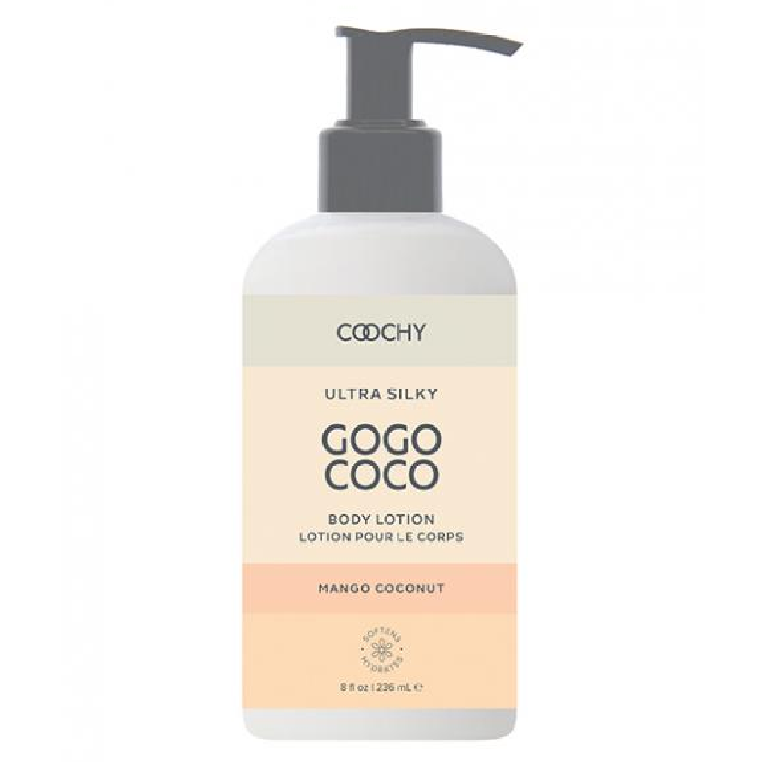 A bottle of Classic Brands Coochy Ultra Silky Body Lotion - Mango Coconut 8 oz with a convenient pump dispenser, ideal for preventing ingrown hairs.