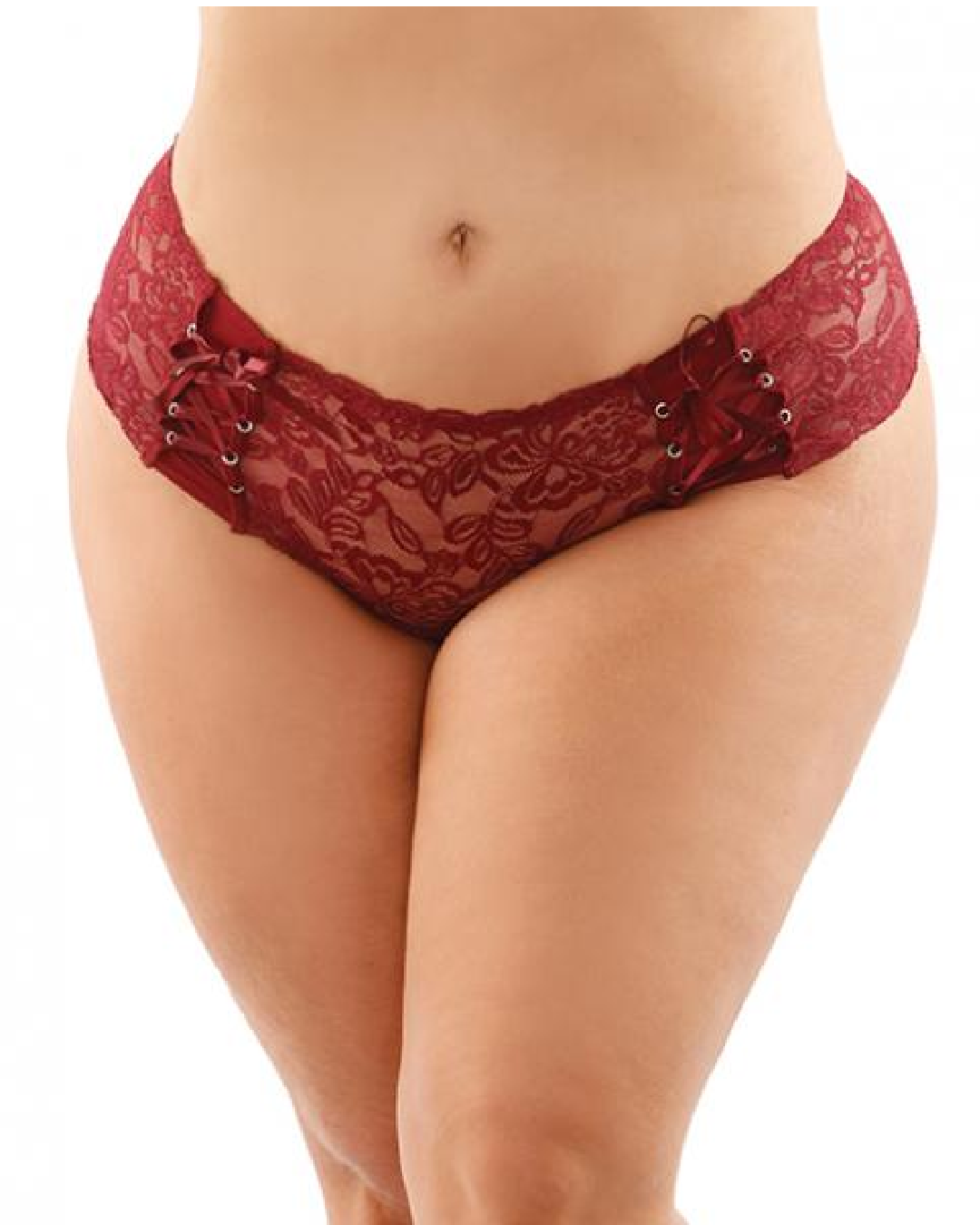 Crotchless Lace Boyshort With Lace-up Panel Garnet - Queen Size on model 