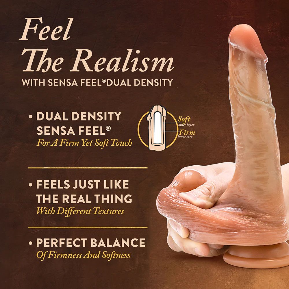 A hand holding a realistic, caramel-toned dildo with text overlay: "Feel The Realism with DaVinci by Blush." Bulleted text includes: "Ultra Realistic Dual Density Silicone for a Firm yet Soft Touch," "Feels Just Like the Real Thing with Different Textures and Sliding Foreskin," and "Suction Cup Base for Hands-Free Fun.