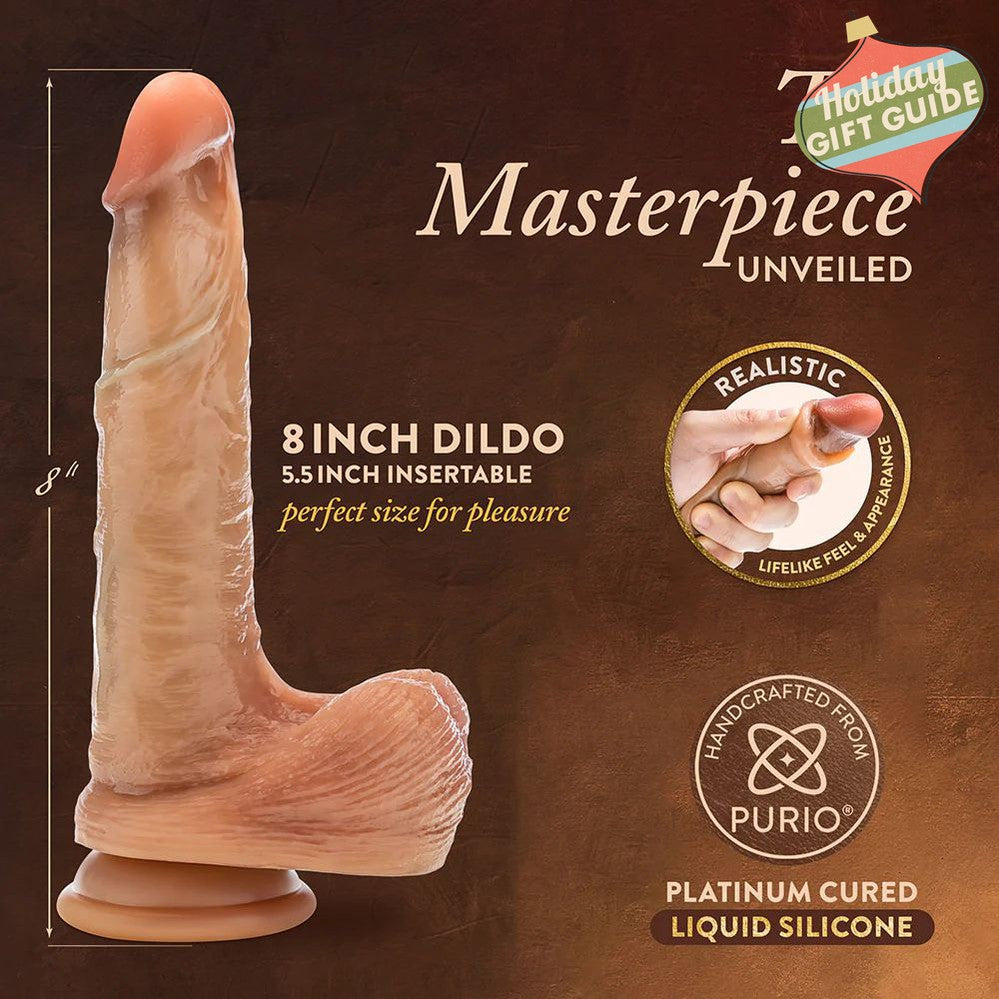 An image of an 8-inch realistic dildo product called "DaVinci Ultra Realistic 8 Inch Silicone Dildo with Sliding Foreskin - Caramel" by Blush. Crafted from premium silicone, this lifelike dildo features a 5.5-inch insertable length and a realistic feel. Text on the image highlights its handcrafted design, complete with a suction cup base for versatile use.