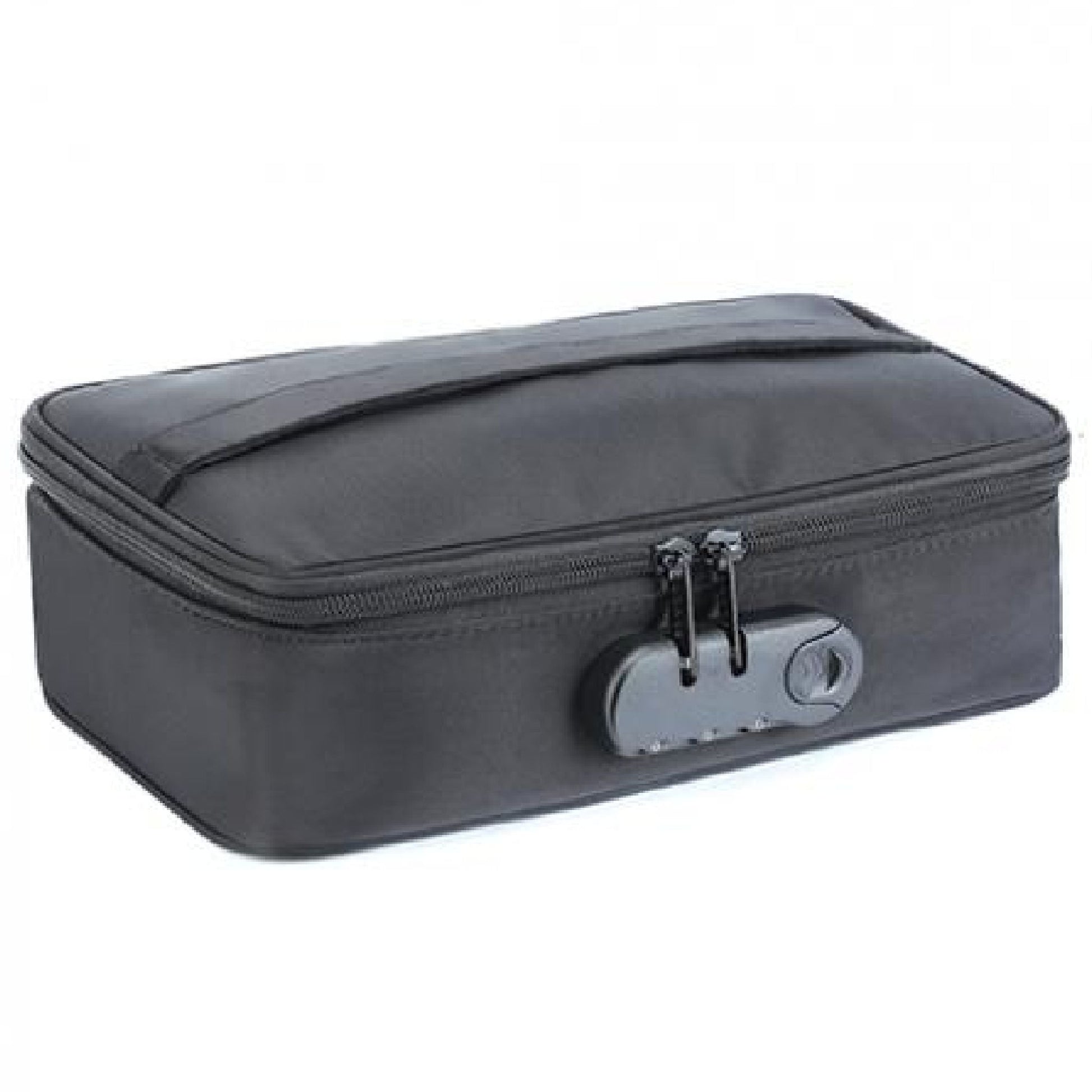 The Dorcel Lockable Discreet Black Storage Box by Lovely Planet is a black, rectangular zippered pouch featuring a small customizable padlock. Made of durable fabric, it's designed for discreet storage of personal items or valuables, making it ideal for sex toy storage.